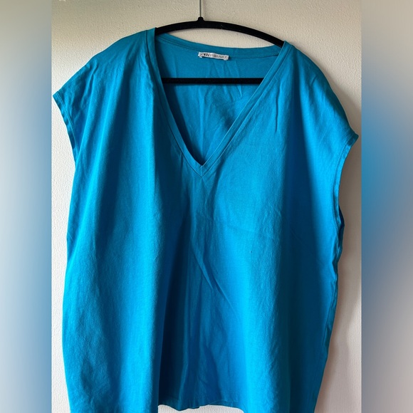 Blue drop neck cotton tshirt - Picture 3 of 4